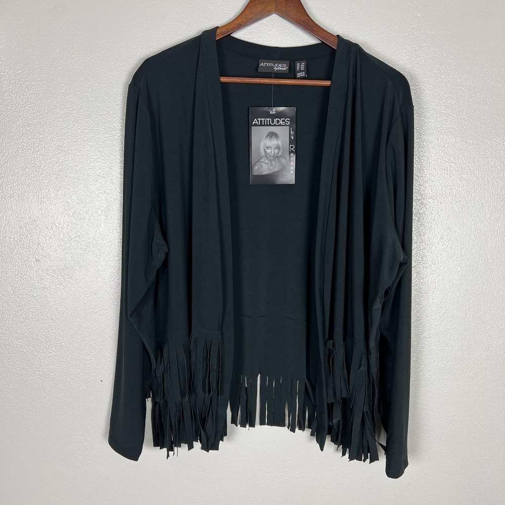 Attitudes by Renee Cardigan Fringe Topper Womens 2X Black Como Jersey Knit Open